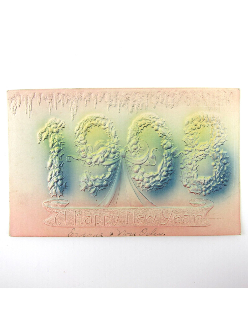 Postcard New Year 's Holly & Berries Airbrush Color Pink Embossed Antique 1908